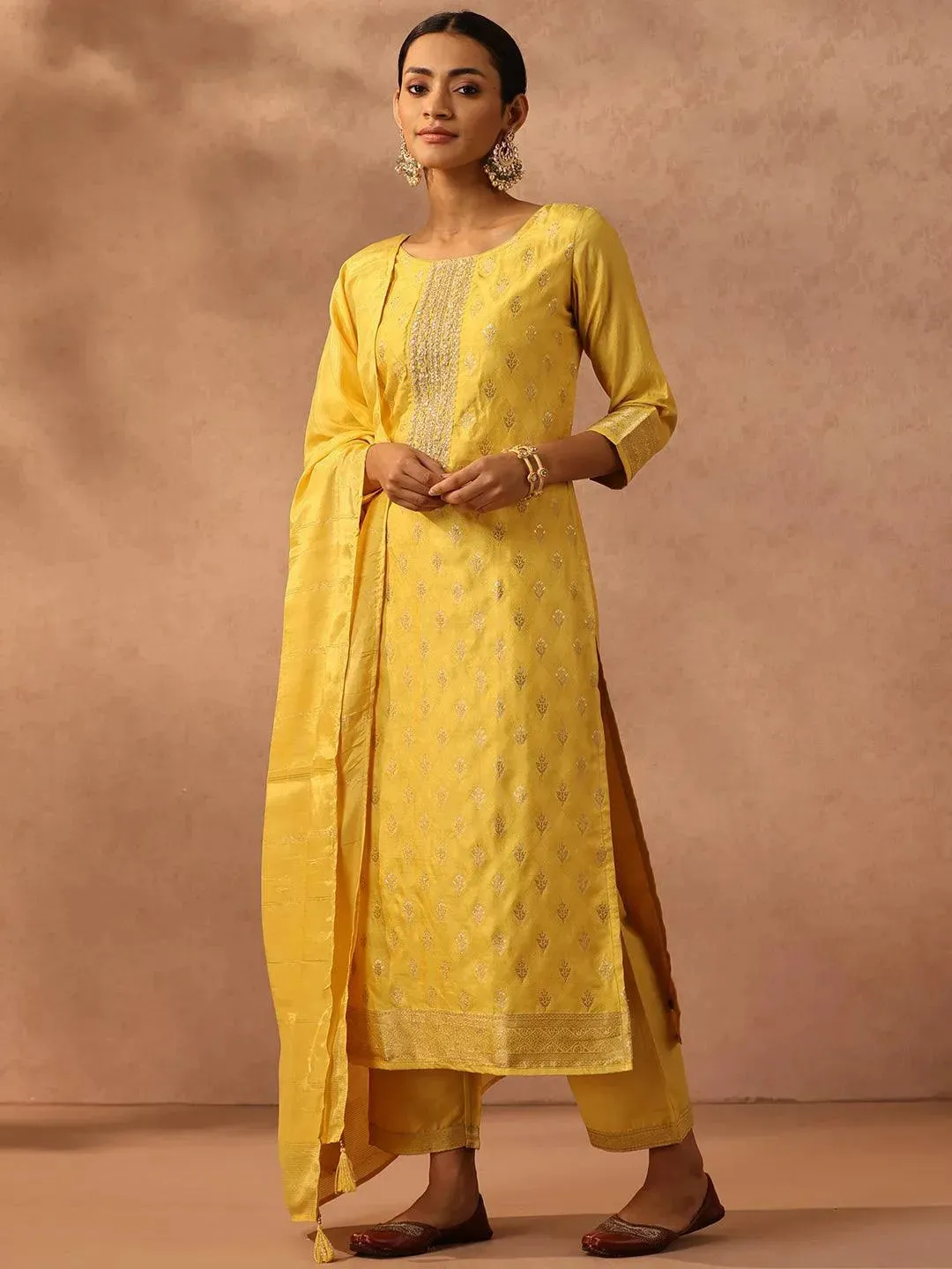 Yellow Embroidered Silk Blend Straight Kurta With Trousers & Dupatta