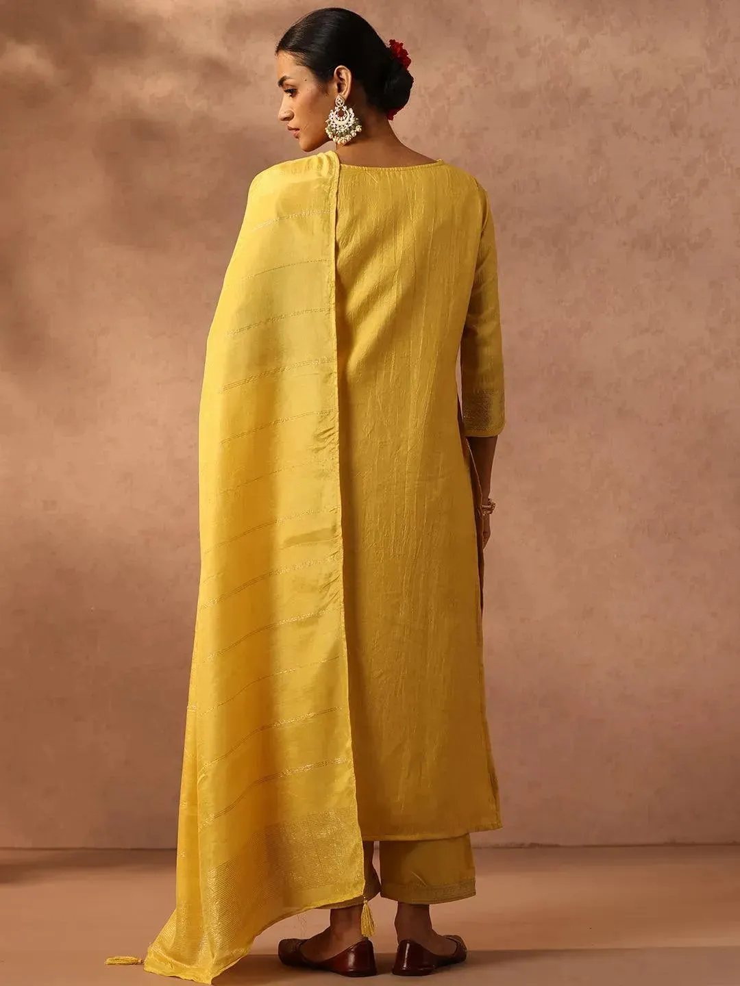 Yellow Embroidered Silk Blend Straight Kurta With Trousers & Dupatta