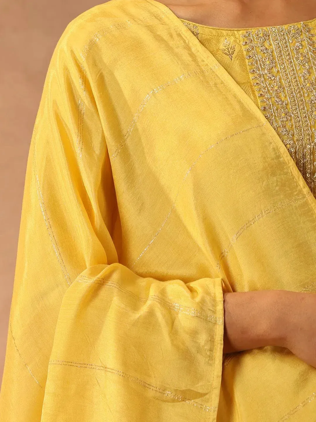 Yellow Embroidered Silk Blend Straight Kurta With Trousers & Dupatta