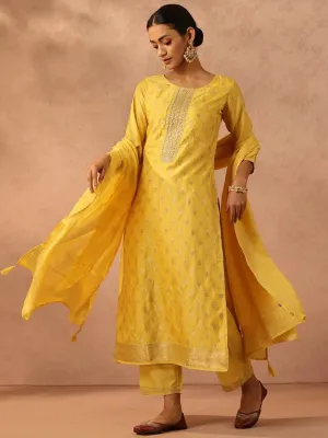 Yellow Embroidered Silk Blend Straight Kurta With Trousers & Dupatta