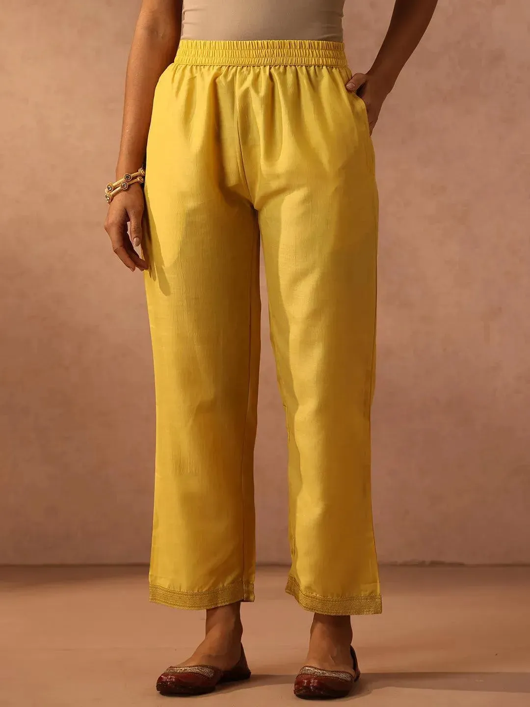 Yellow Embroidered Silk Blend Straight Kurta With Trousers & Dupatta