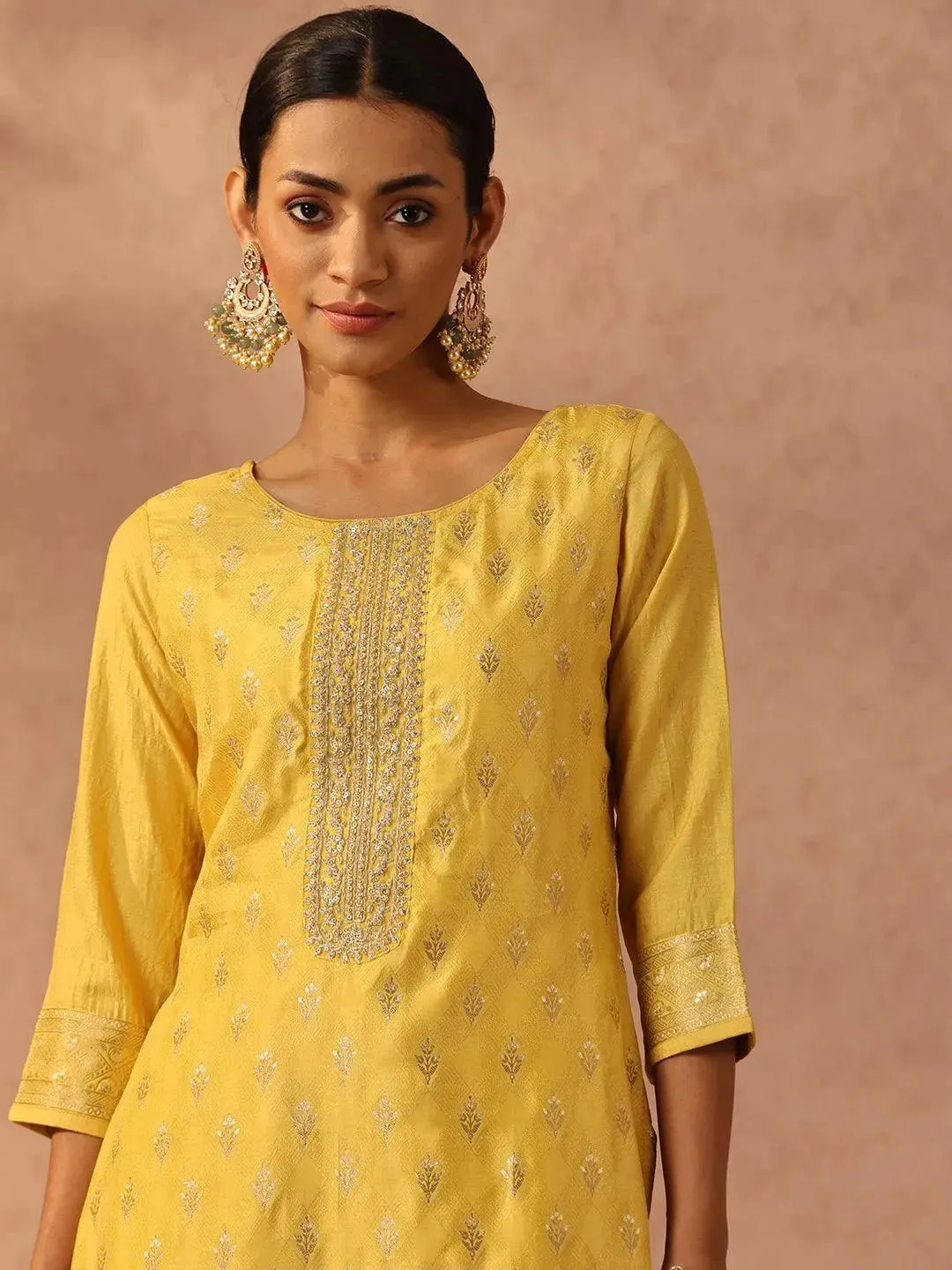 Yellow Embroidered Silk Blend Straight Kurta With Trousers & Dupatta
